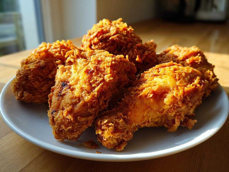 Close-up of several pieces of golden brown, extra-crunchy fried chicken piled on a white plate.