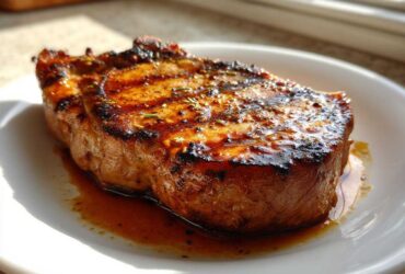 A thick, grilled pork chop glistening with a rich marinade for pork chops glaze, resting on a white plate.