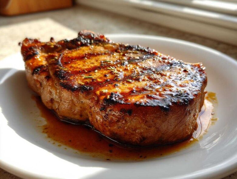 A thick, grilled pork chop glistening with a rich marinade for pork chops glaze, resting on a white plate.