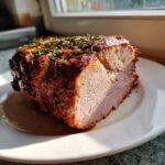 A perfectly cooked, juicy pork loin roast with a browned, herbed crust, sliced open to show the tender interior.