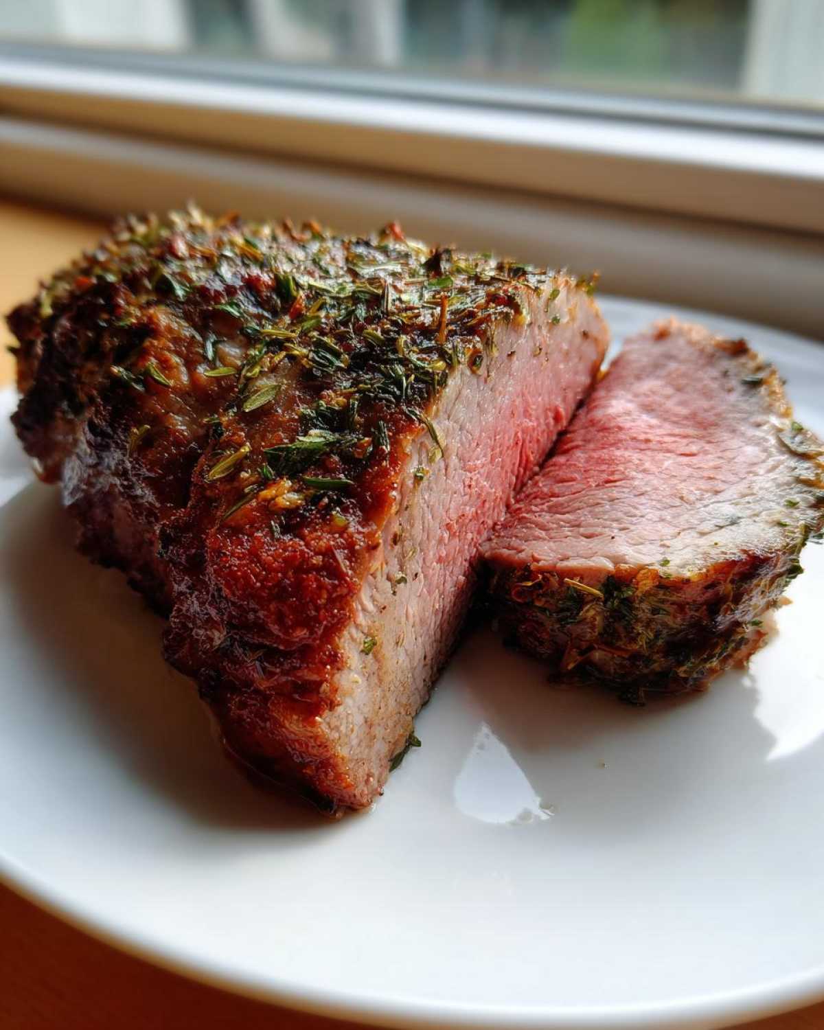 Close-up of a juicy pork loin roast, sliced to show the pink center and covered in a savory herb crust.