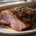 A perfectly cooked, juicy pork loin roast sliced open, showing pink interior and a dark, herbed crust.