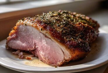 A perfectly cooked, juicy pork loin roast sliced open, showing pink interior and a dark, herbed crust.