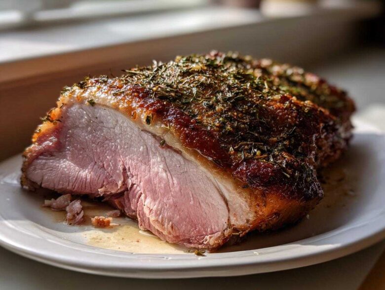 A perfectly cooked, juicy pork loin roast sliced open, showing pink interior and a dark, herbed crust.