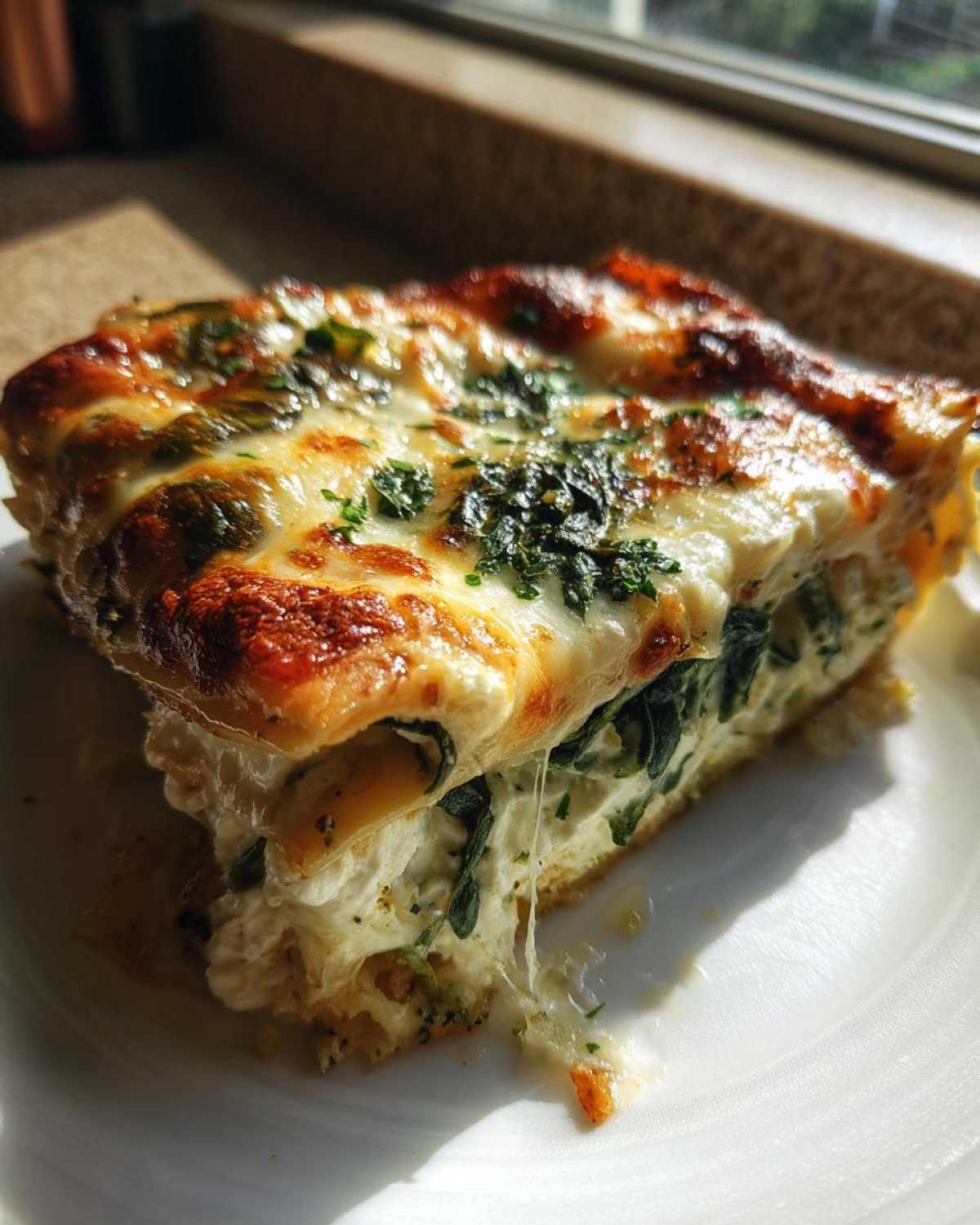 A close-up of a cheesy slice of Lasagna with Cottage Cheese, showing melted mozzarella and spinach filling.
