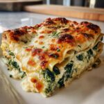 A thick, cheesy slice of lasagna with cottage cheese and spinach layers, perfectly baked.