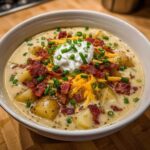A close-up of a creamy bowl of Loaded Baked Potato Soup topped with sour cream, bacon, cheddar cheese, and chives.