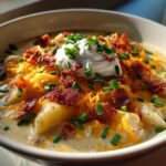 Close-up of creamy Loaded Baked Potato Soup topped with shredded cheese, bacon bits, sour cream, and chives.