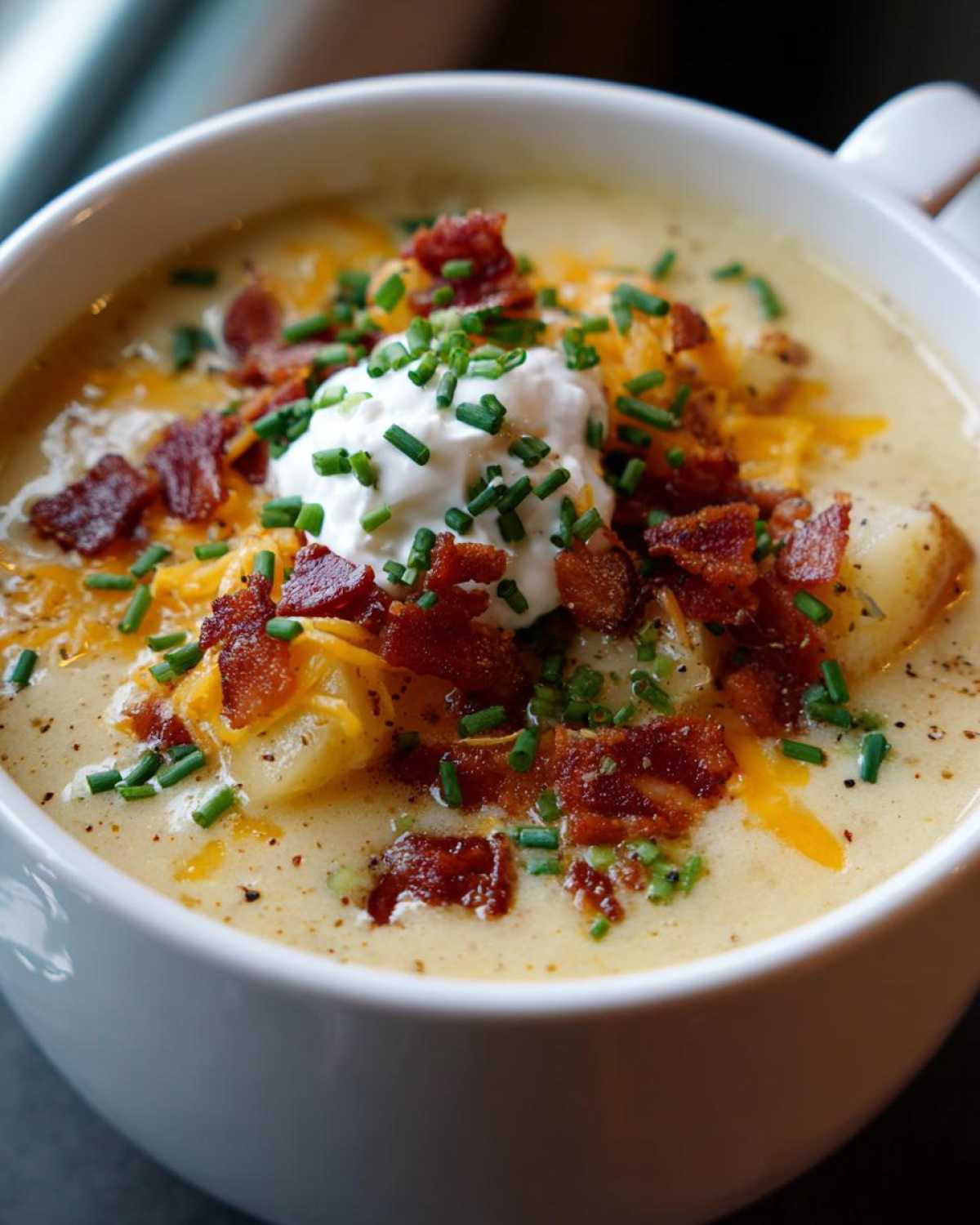 Close-up of rich Loaded Baked Potato Soup topped with sour cream, bacon, cheese, and chives.