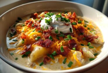 Close-up of creamy Loaded Baked Potato Soup topped with shredded cheese, bacon bits, sour cream, and chives.
