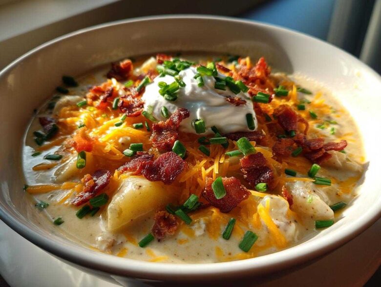 Close-up of creamy Loaded Baked Potato Soup topped with shredded cheese, bacon bits, sour cream, and chives.