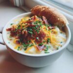 A close-up of a creamy potato soup recipe bowl topped generously with shredded cheddar, crispy bacon, and fresh chives.