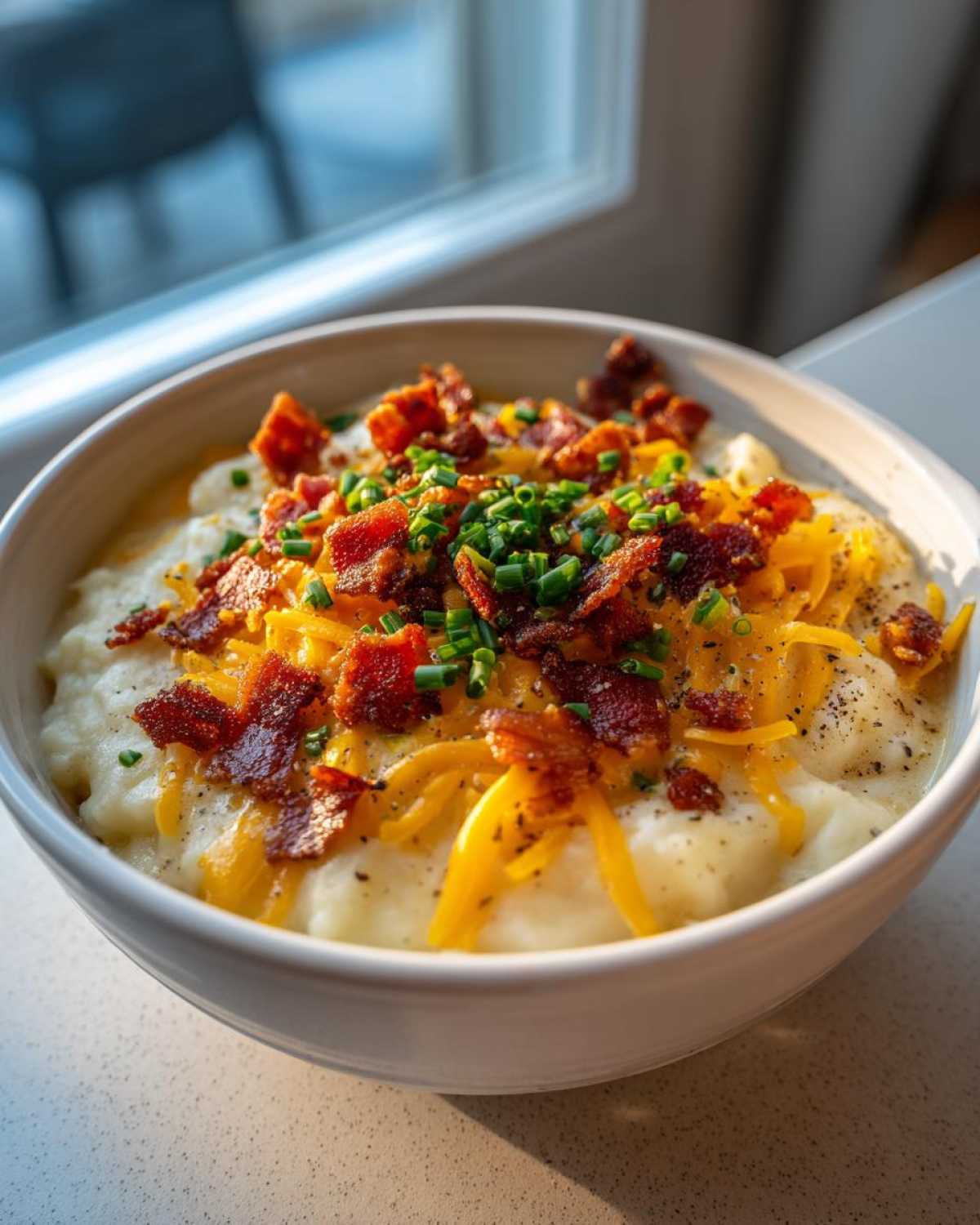 Close-up of a bowl of creamy potato soup recipe topped generously with shredded cheddar cheese, crispy bacon bits, and fresh chives.