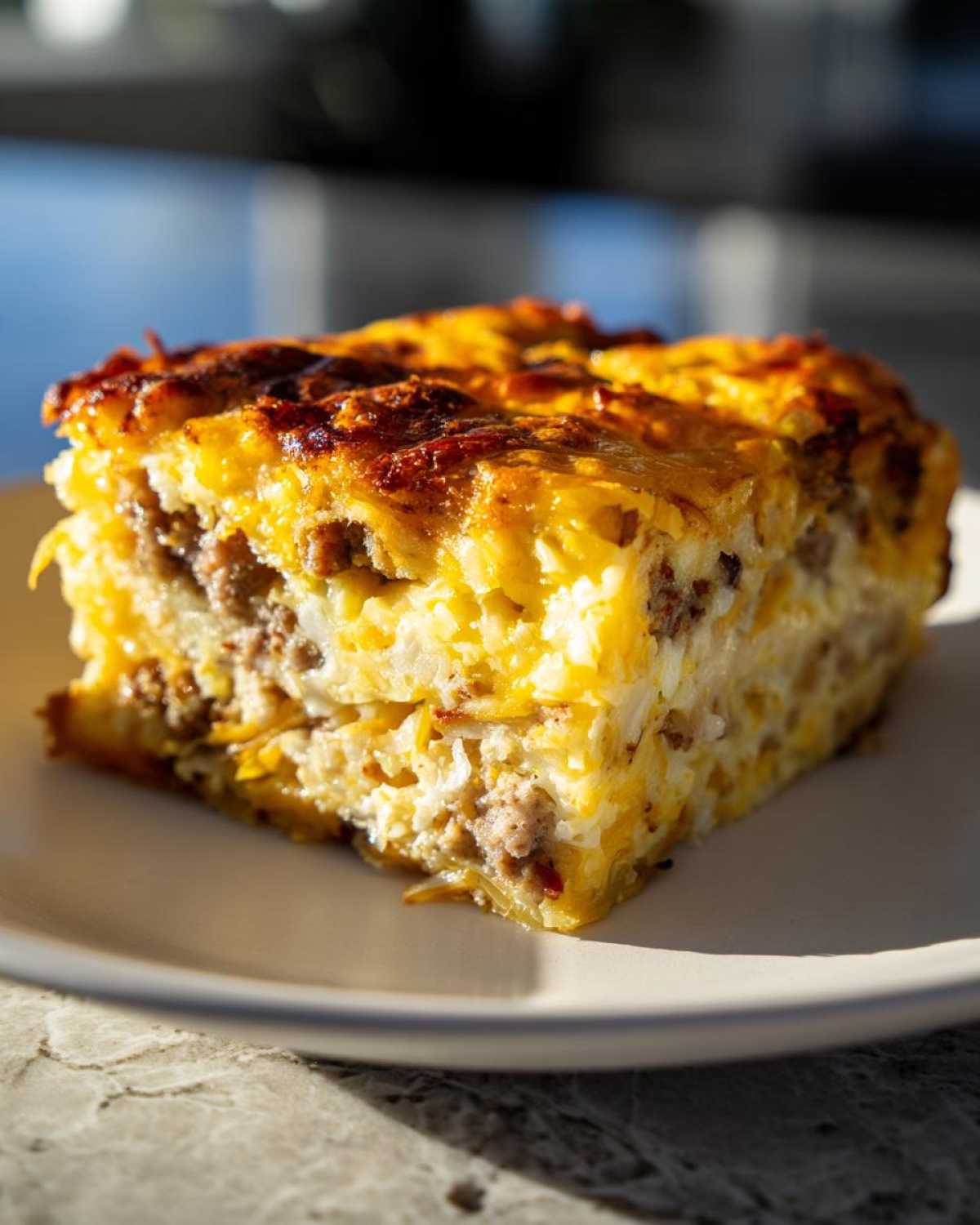 A thick, golden-brown slice of make-ahead egg bake featuring layers of sausage, cheese, and eggs on a light plate.