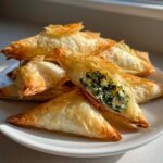 A pile of golden, flaky Mediterranean Spinach and Feta Cheese Crisps, one cut open showing the filling.