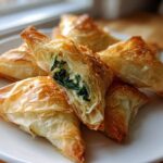 Close-up of golden, flaky Mediterranean Spinach and Feta Cheese Crisps piled on a white plate, one is cut open showing the filling.