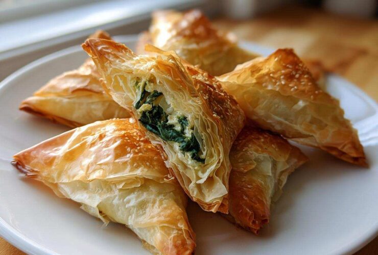 Close-up of golden, flaky Mediterranean Spinach and Feta Cheese Crisps piled on a white plate, one is cut open showing the filling.
