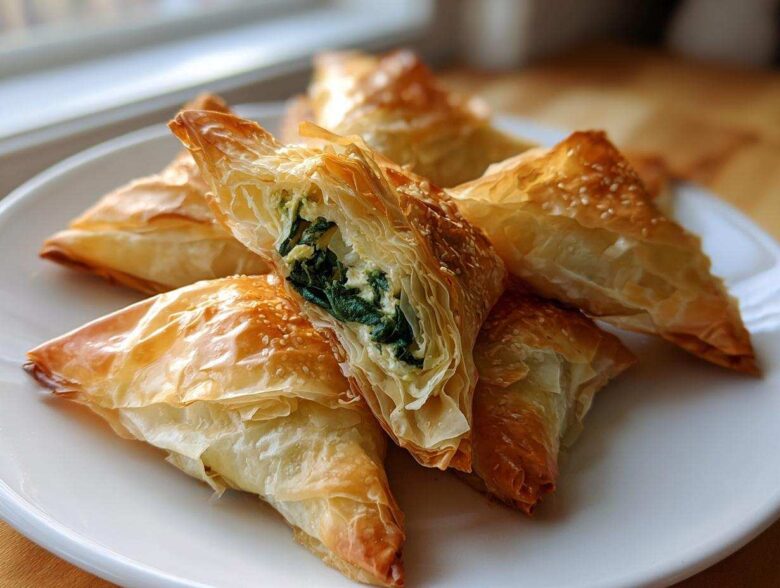 Close-up of golden, flaky Mediterranean Spinach and Feta Cheese Crisps piled on a white plate, one is cut open showing the filling.