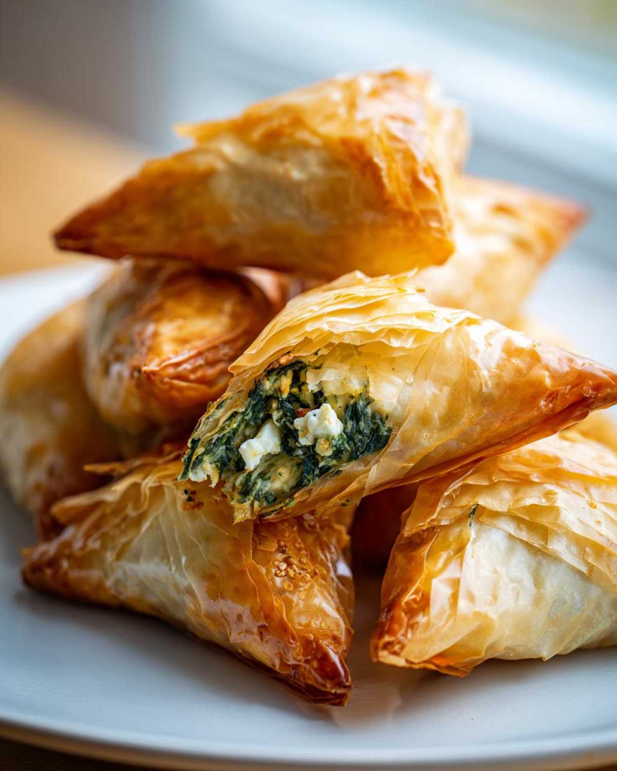 Close-up of golden, flaky Mediterranean Spinach and Feta Cheese Crisps stacked on a white plate, one is cut open.