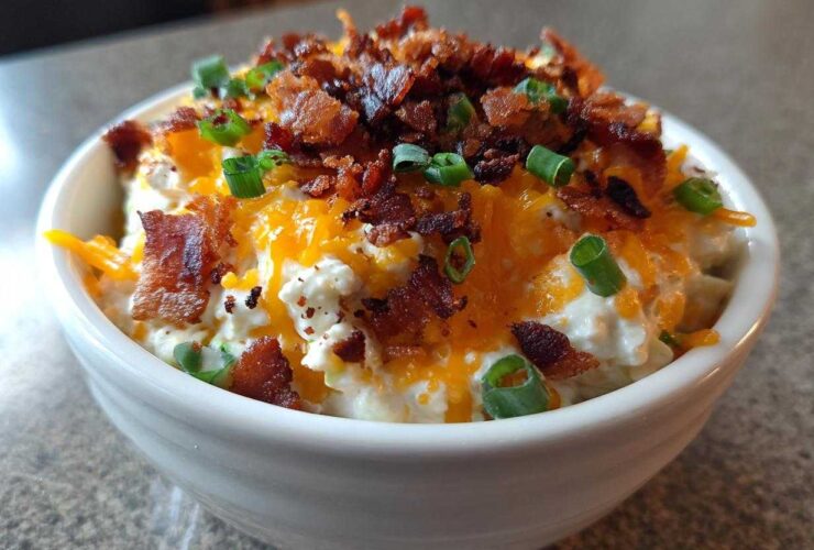 A close-up of rich Million Dollar Dip topped with shredded cheddar cheese, bacon bits, and green onions.