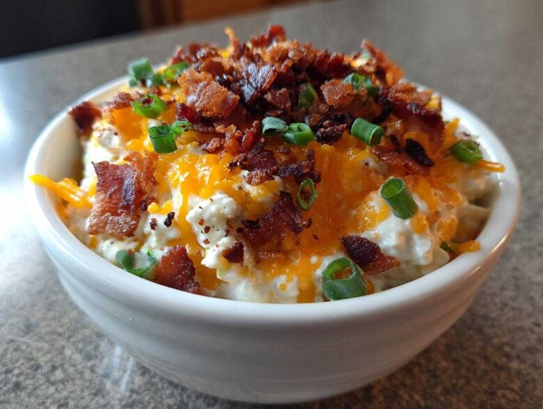 A close-up of rich Million Dollar Dip topped with shredded cheddar cheese, bacon bits, and green onions.