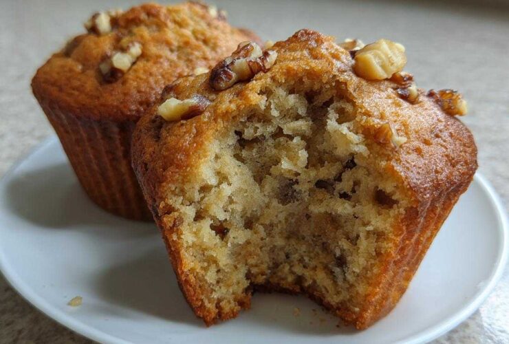 Close-up of moist banana nut muffins, one bitten open to show the texture, topped with walnuts.