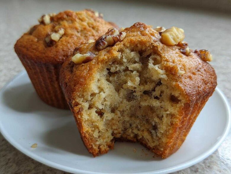 Close-up of moist banana nut muffins, one bitten open to show the texture, topped with walnuts.