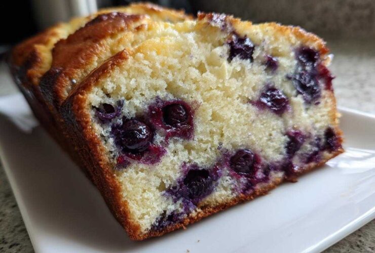 Close-up of a thick slice of moist blueberry banana bread showing tender crumb and juicy blueberries.