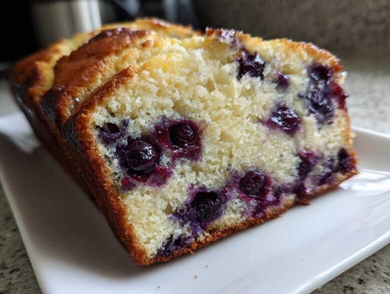 Close-up of a thick slice of moist blueberry banana bread showing tender crumb and juicy blueberries.