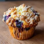 Close-up of a single, moist blueberry muffin topped with a generous layer of brown sugar streusel topping.