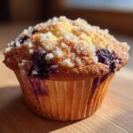 A single, perfectly baked blueberry muffin topped with sparkling sugar crumble, highlighting its moist texture.