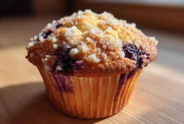 A single, perfectly baked blueberry muffin topped with sparkling sugar crumble, highlighting its moist texture.