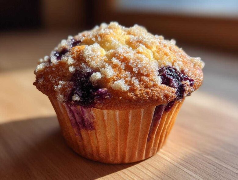 A single, perfectly baked blueberry muffin topped with sparkling sugar crumble, highlighting its moist texture.
