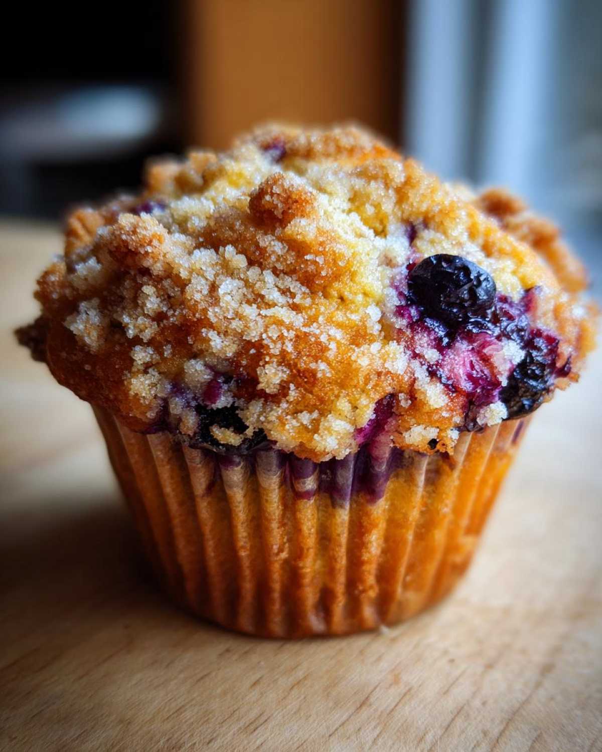 Close-up of a single, moist blueberry muffin topped with golden streusel and visible blueberries.