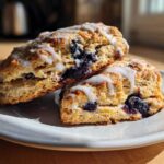 Two flaky blueberry scones drizzled with white icing resting on a white plate.