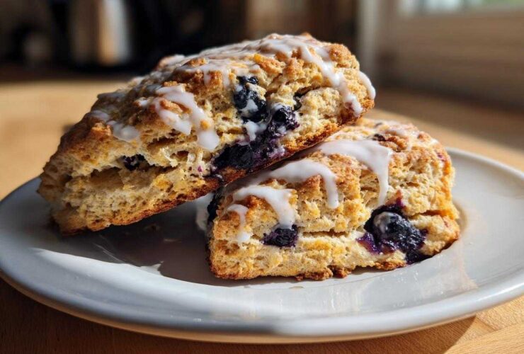 Two flaky blueberry scones drizzled with white icing resting on a white plate.
