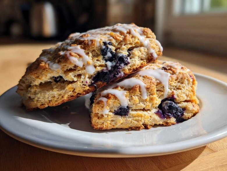 Two flaky blueberry scones drizzled with white icing resting on a white plate.