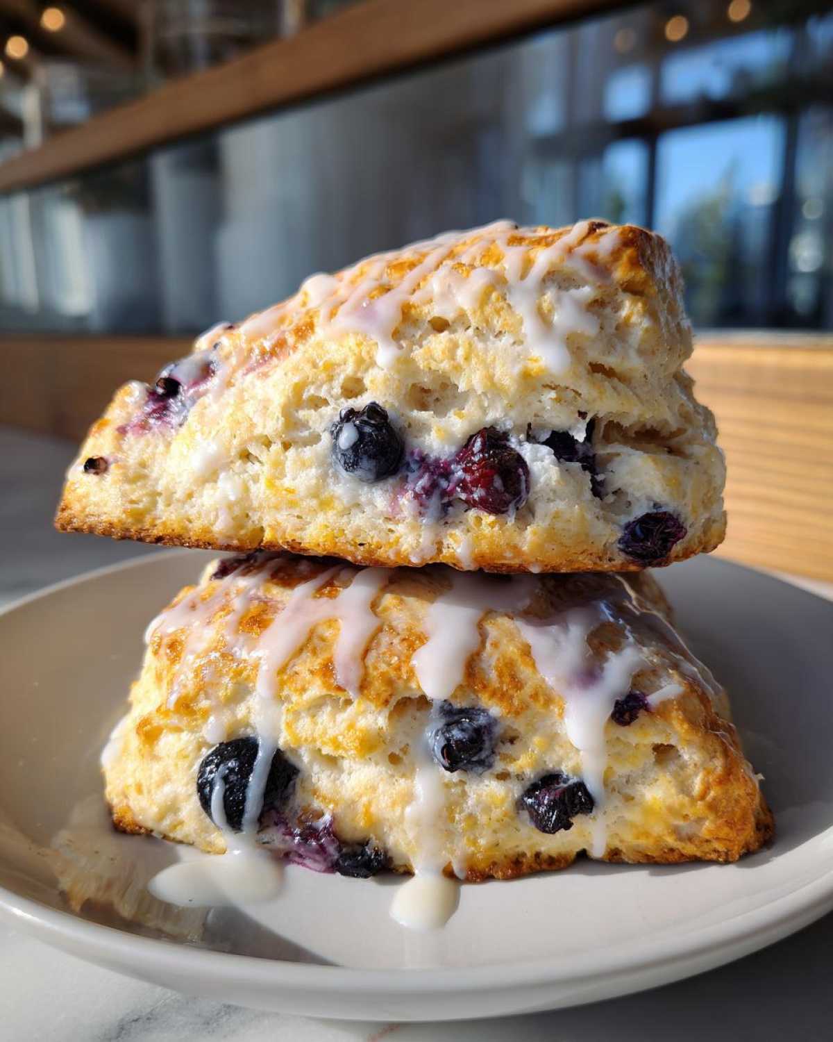 Two flaky blueberry scones stacked on a plate, drizzled generously with white vanilla glaze.