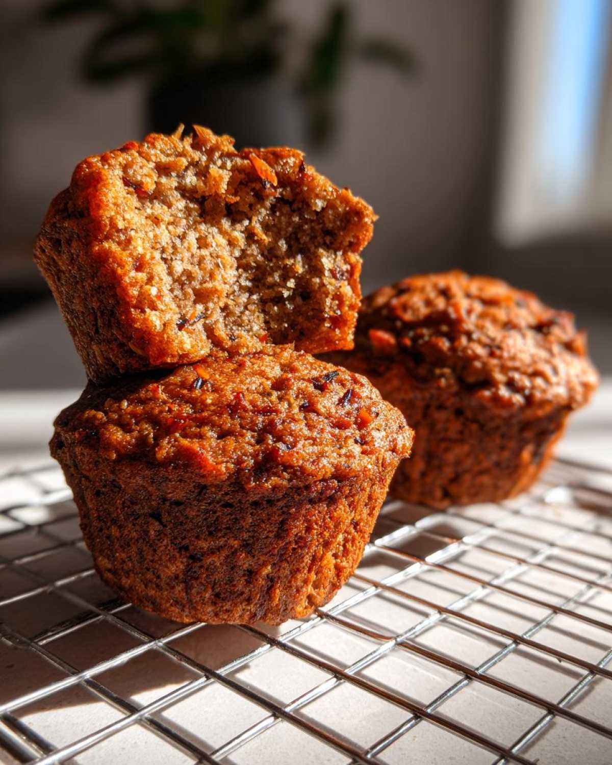 Close-up of moist bran muffins stacked on a cooling rack, one broken open to show texture.