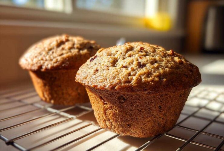 Two freshly baked, moist bran muffins cooling on a wire rack in bright sunlight.