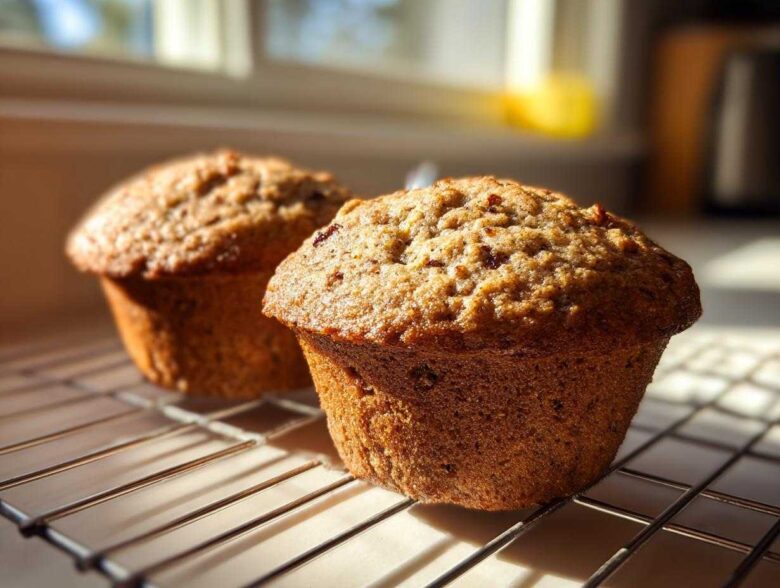Two freshly baked, moist bran muffins cooling on a wire rack in bright sunlight.