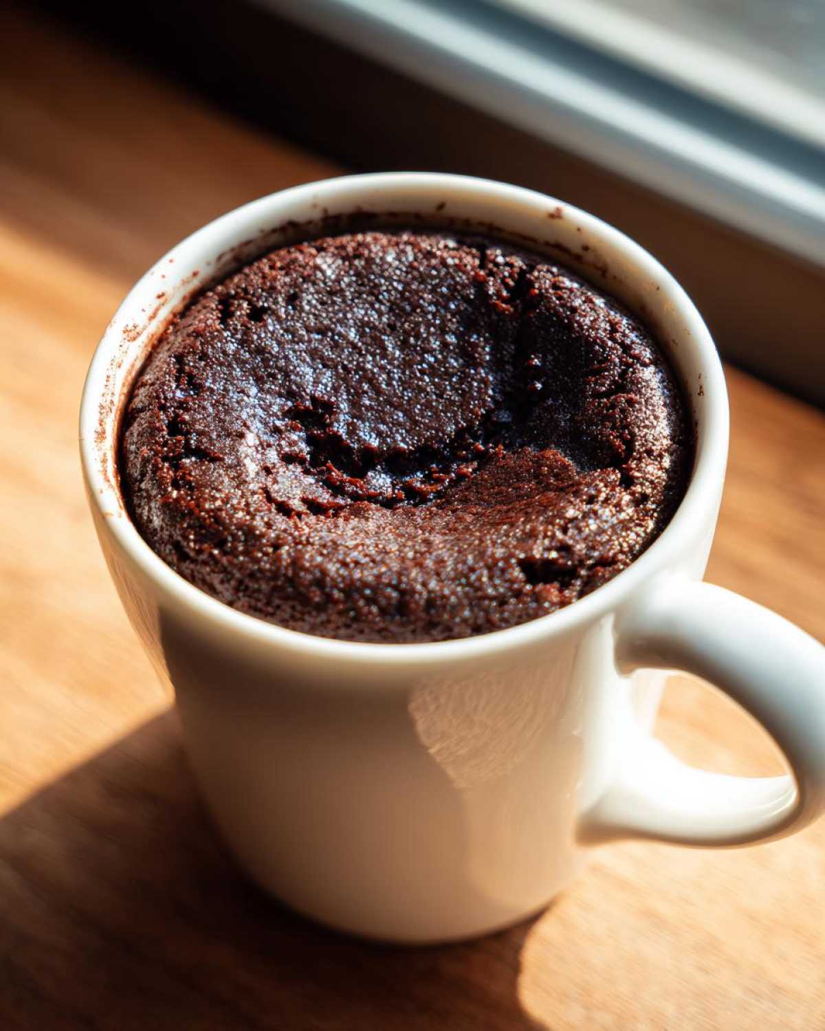 Close-up of a moist, dark chocolate mug cake baked inside a white ceramic mug.