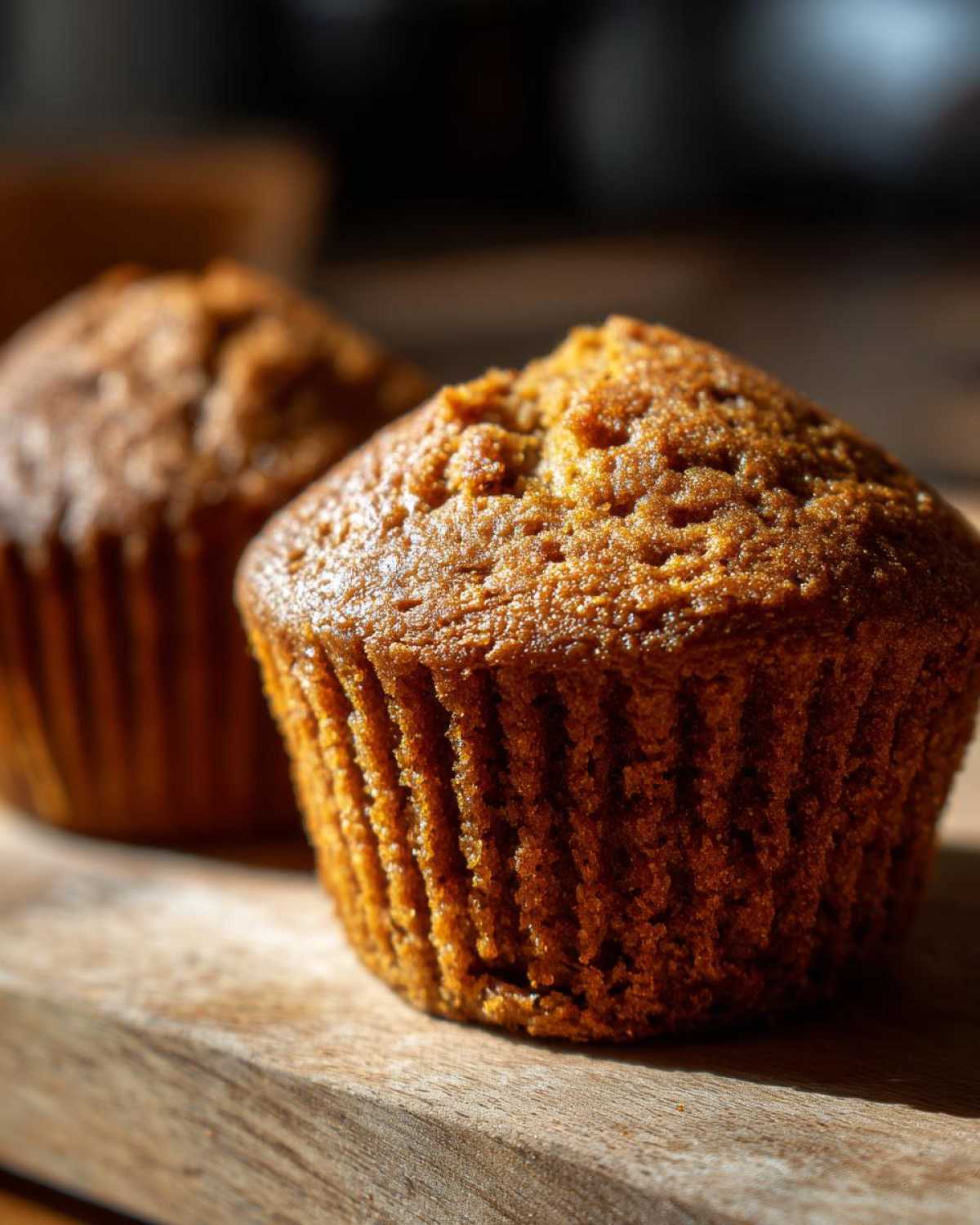 Close-up of a perfectly baked, golden brown honey bran muffin sitting on a rustic wooden board.