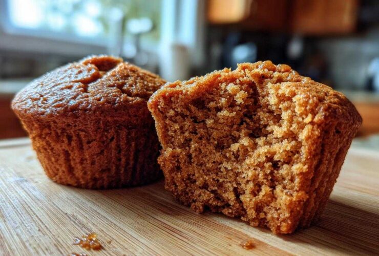 Two rich brown honey bran muffins on a wooden board, one cut in half showing the moist, crumbly texture inside.