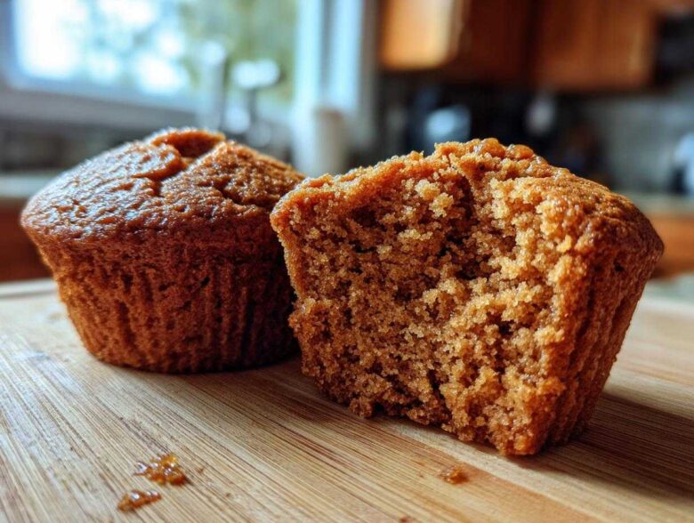 Two rich brown honey bran muffins on a wooden board, one cut in half showing the moist, crumbly texture inside.