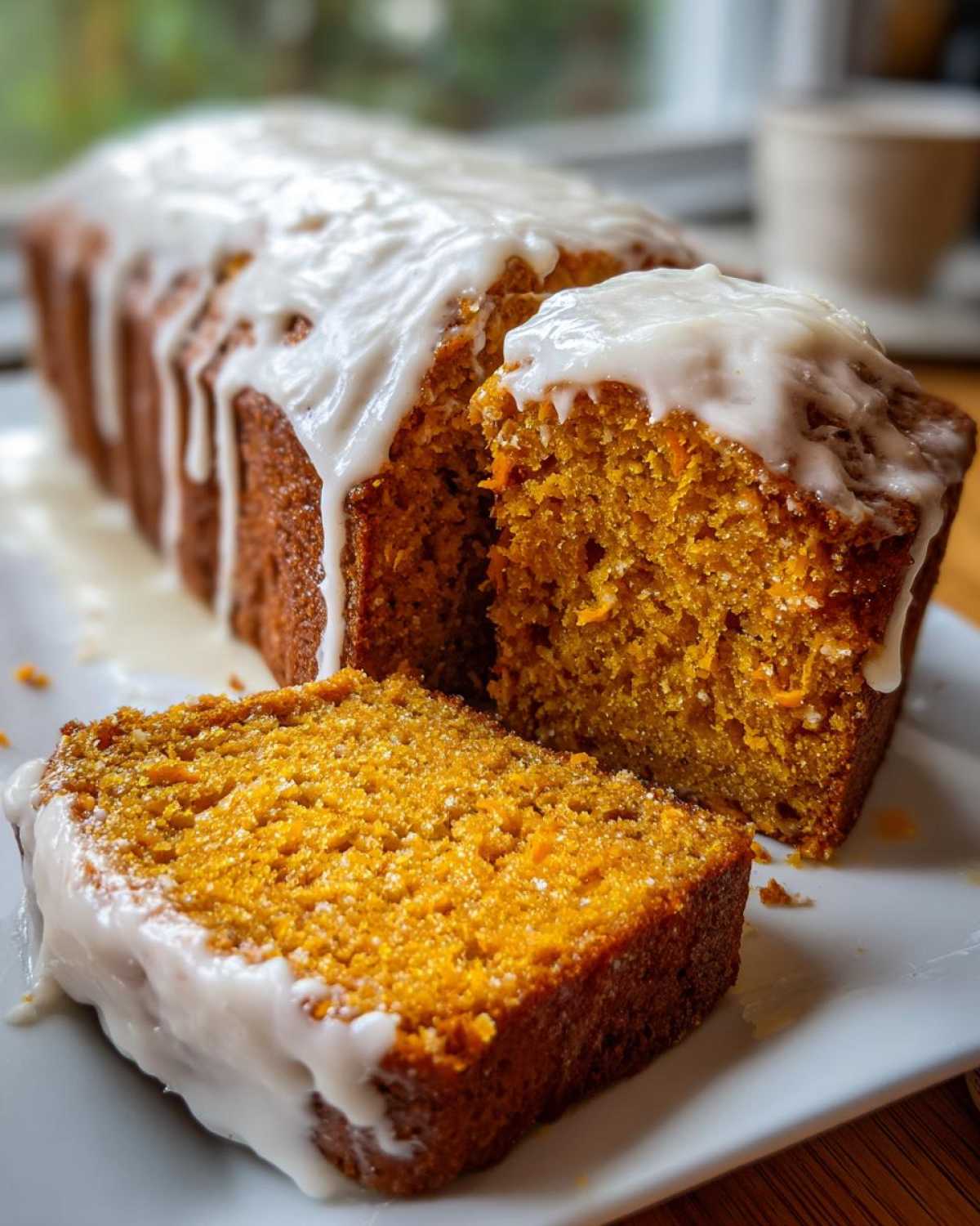 A loaf of moist sweet potato pound cake, partially sliced, topped with a thick white glaze dripping down the sides.