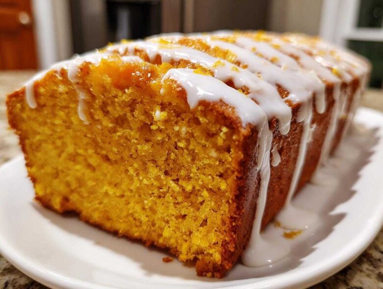 Close-up of a moist sweet potato pound cake loaf with thick white glaze drizzled across the top.