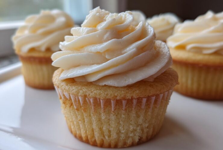 Close-up of a perfectly baked vanilla cupcake topped with swirled white vanilla frosting.