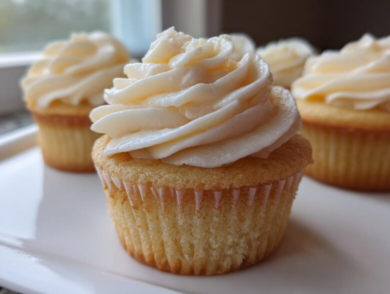 Close-up of a perfectly baked vanilla cupcake topped with swirled white vanilla frosting.
