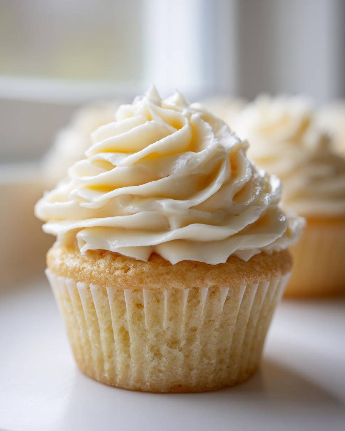 Close-up of a perfectly baked vanilla cupcake topped with a swirl of creamy white vanilla frosting.